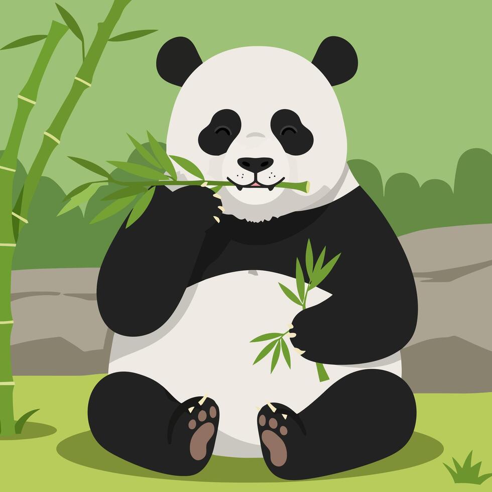 Panda Eating Bamboo in Cartoon Style Sitting in Nature vector