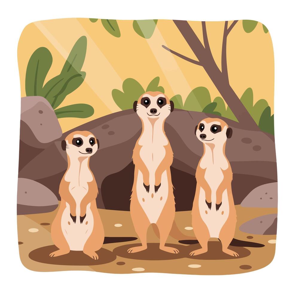 Three Meerkats Standing Tall in a Desert Landscape Illustration vector