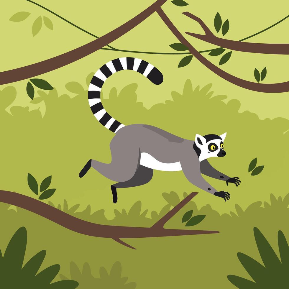 Lemur Jumping Through Jungle Trees Illustration for Kids Education vector