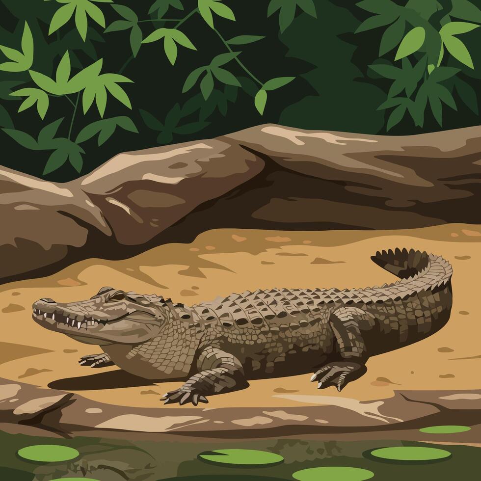 Alligator Resting by Water Cartoon Style Illustration in Jungle Scene vector