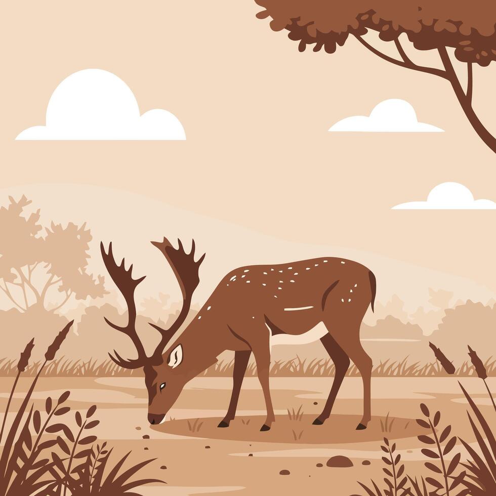 Deer Grazing in a Natural Landscape with Clouds and Trees vector