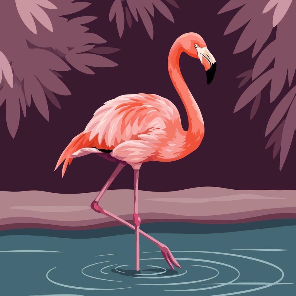 Flamingo Wading in Water Surrounded by Palm Leaves Illustration vector