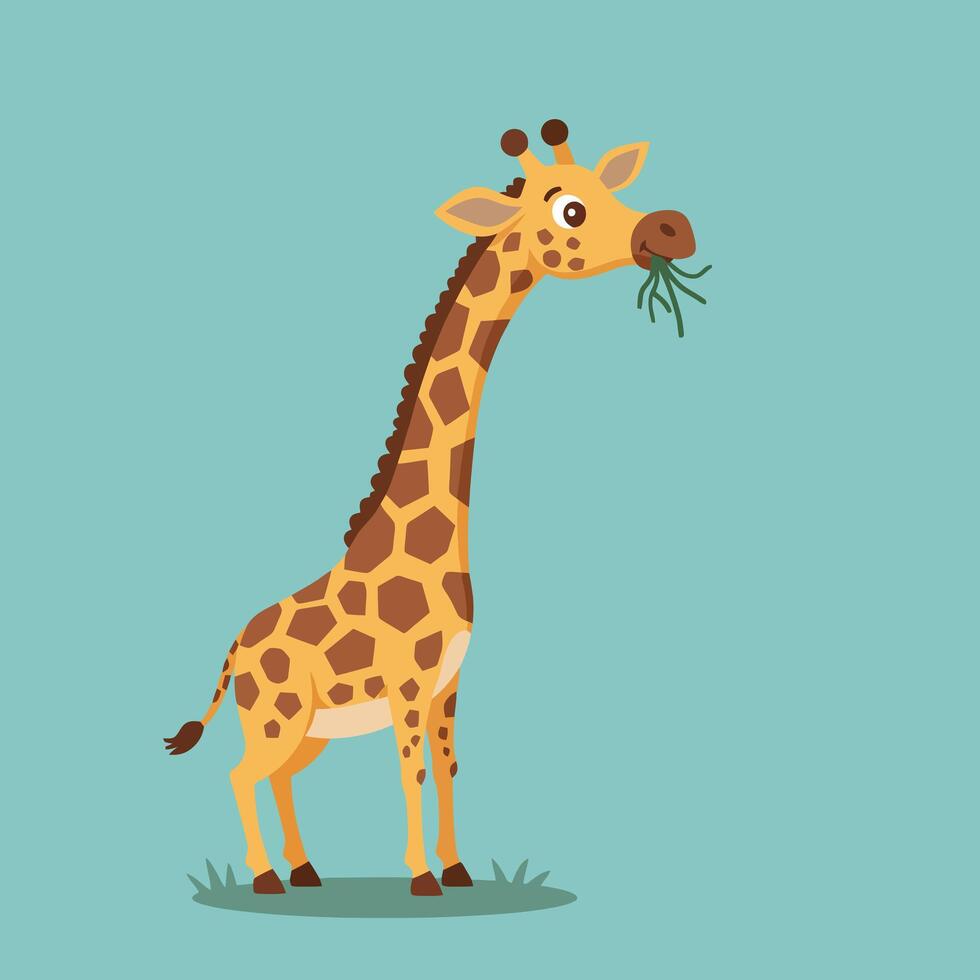 Giraffe Eating Grass Cartoon Illustration on Light Teal Background vector