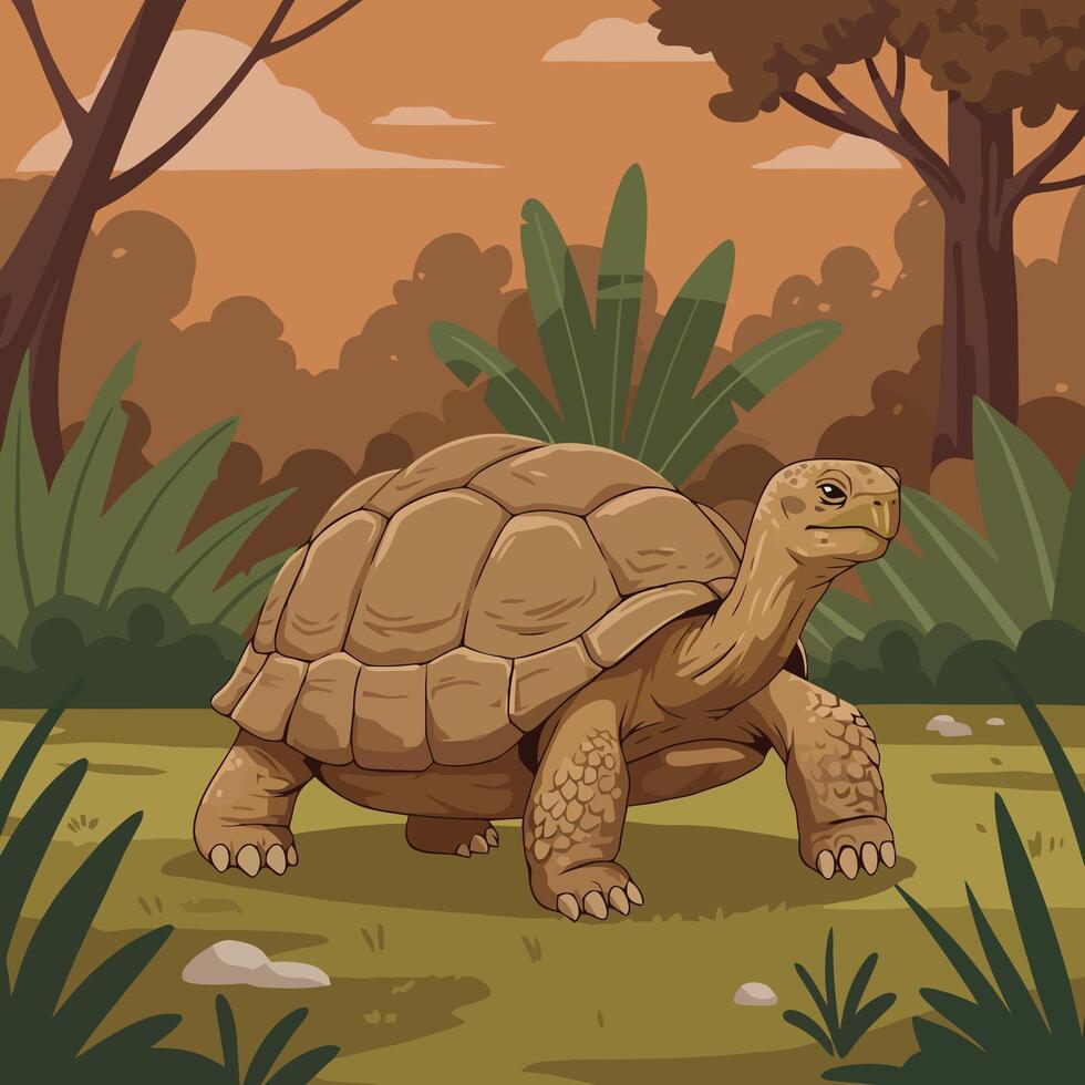 Walking Tortoise in a Forest Illustration with Trees and Vegetation vector