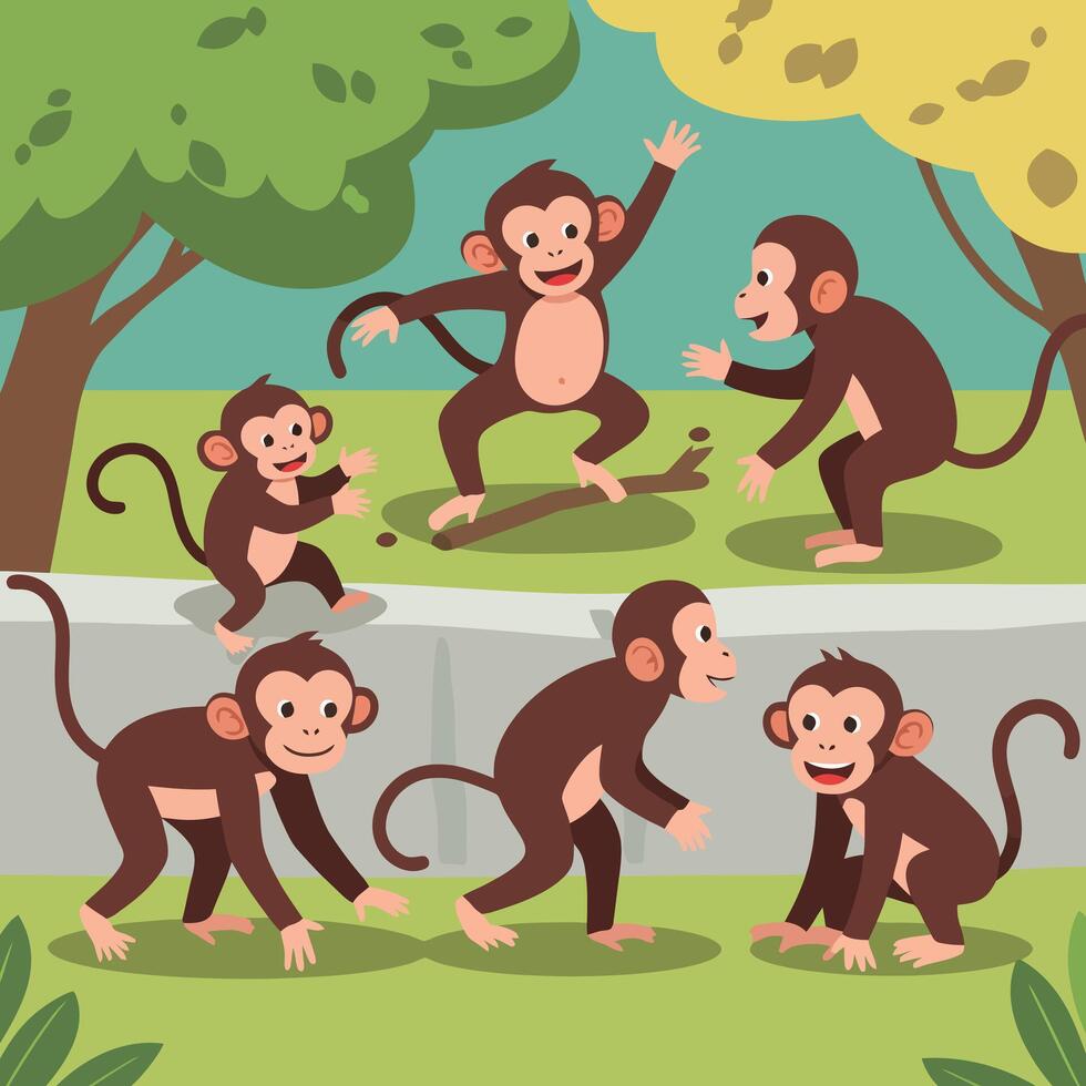 Playful Monkeys Enjoying Themselves in an Outdoor Green Environment vector