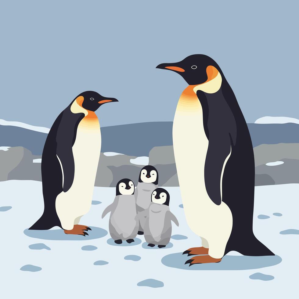 Penguin Family Gathering Together on the Snowy Landscape Illustration vector