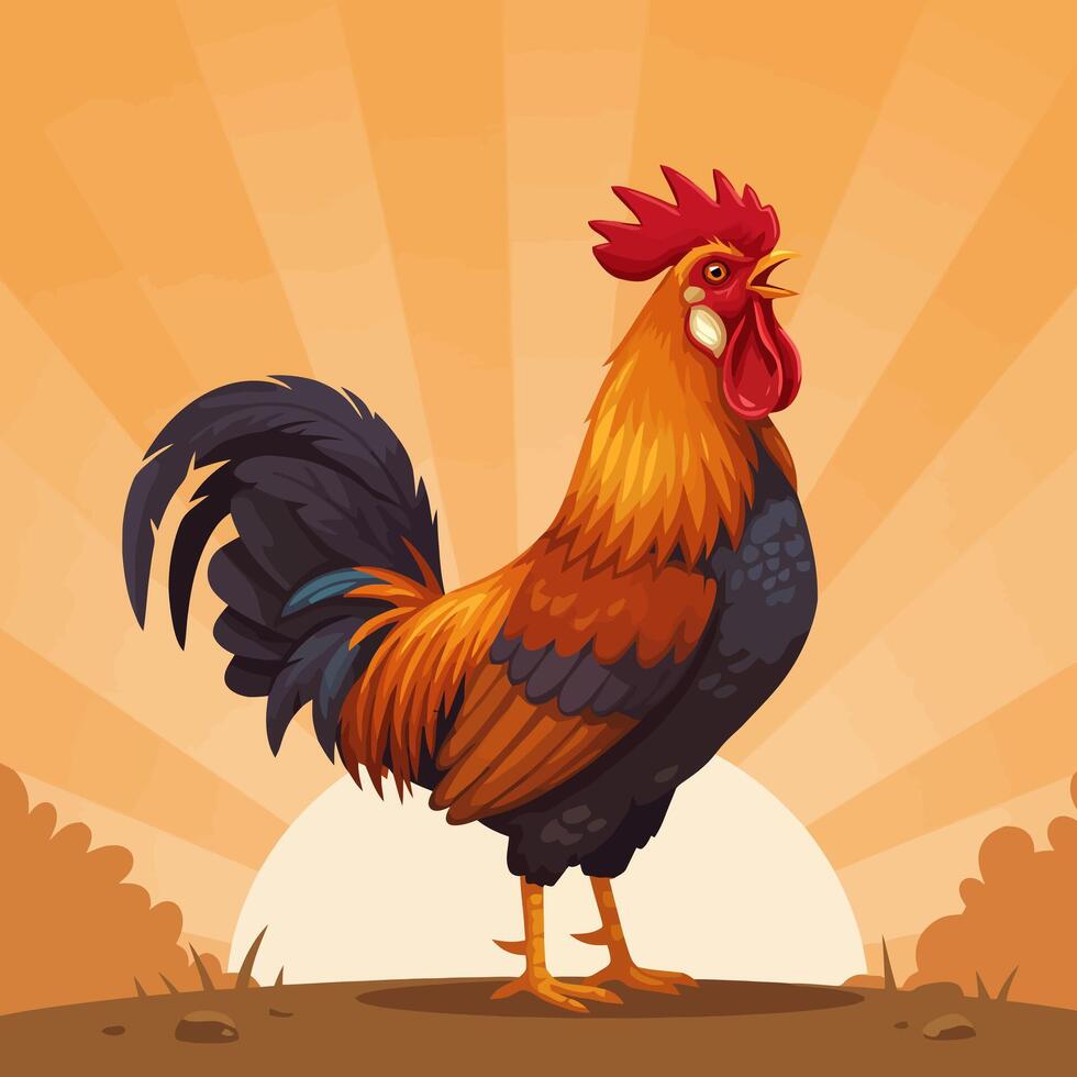 Crowing Rooster Cartoon Illustration Against Rising Sun Backdrop Design vector