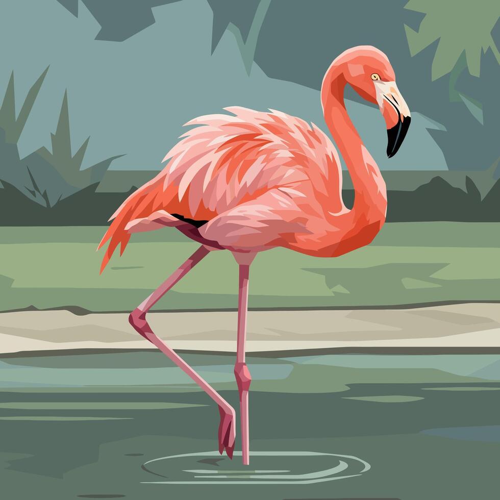 Standing Flamingo in Water with Artistic Geometric Style Background vector