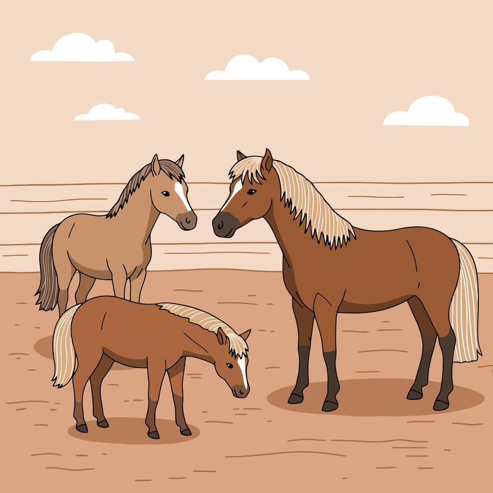 Illustration of Horses Standing in an Enclosed Paddock with Clouds vector
