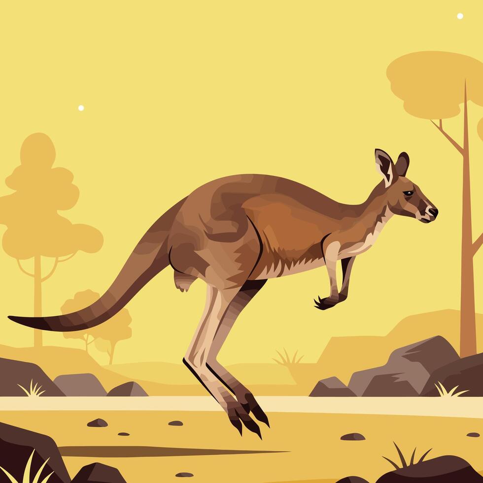 Kangaroo Jumping in Sandy Environment with Sparse Trees and Rocks vector