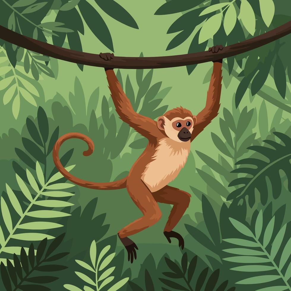 Monkey Swinging From Vine in Lush Green Jungle Illustration vector