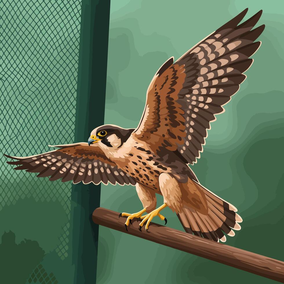 Falcon Perching with Wings Spread in Enclosure Illustration vector