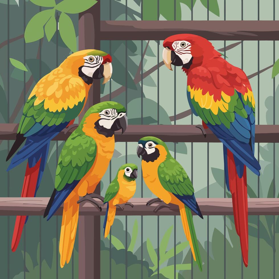 Colorful Parrot Family Group Perching in Enclosure, Tropical Bird Illustration vector