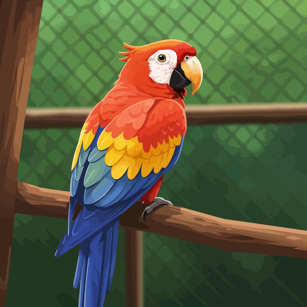 Colorful Parrot Perching on Branch Against Green Background Artwork Illustration vector