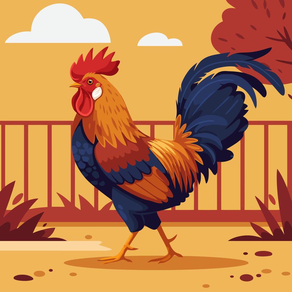 Rooster Strutting Across Farmyard with Blue Feathers and Red Comb vector