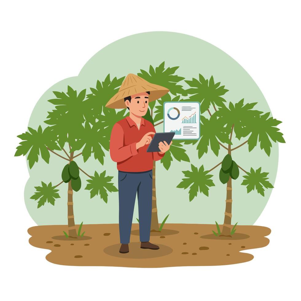 Farmer Monitoring Harvest Data on Tablet in Orchard Setting vector
