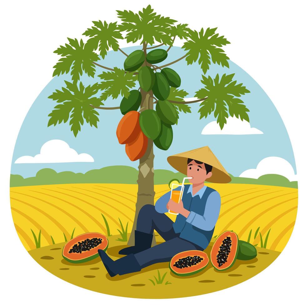 Man Drinking Juice Under Papaya Tree in Rural Scene Illustration vector