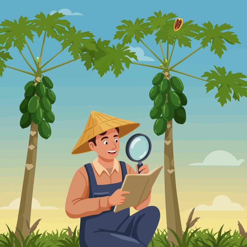 Farmer Inspecting Fruit Trees Using Magnifying Glass and Taking Notes vector