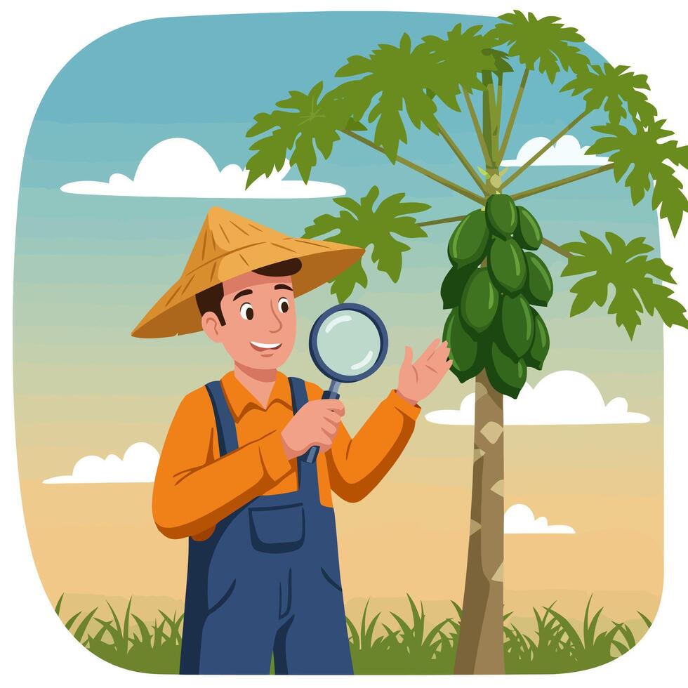 Farmer Inspecting Papaya Tree with Magnifying Glass in Orchard vector