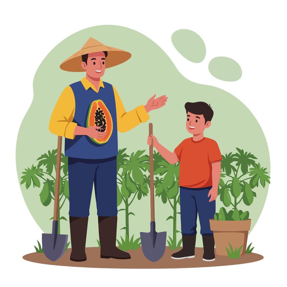 Gardening Together Father and Son with Plants and Gardening Tools vector