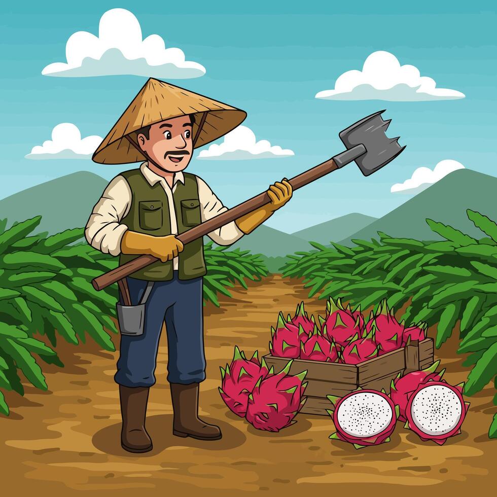 Farmer Harvesting Dragon Fruit in Tropical Field with Garden Tool vector