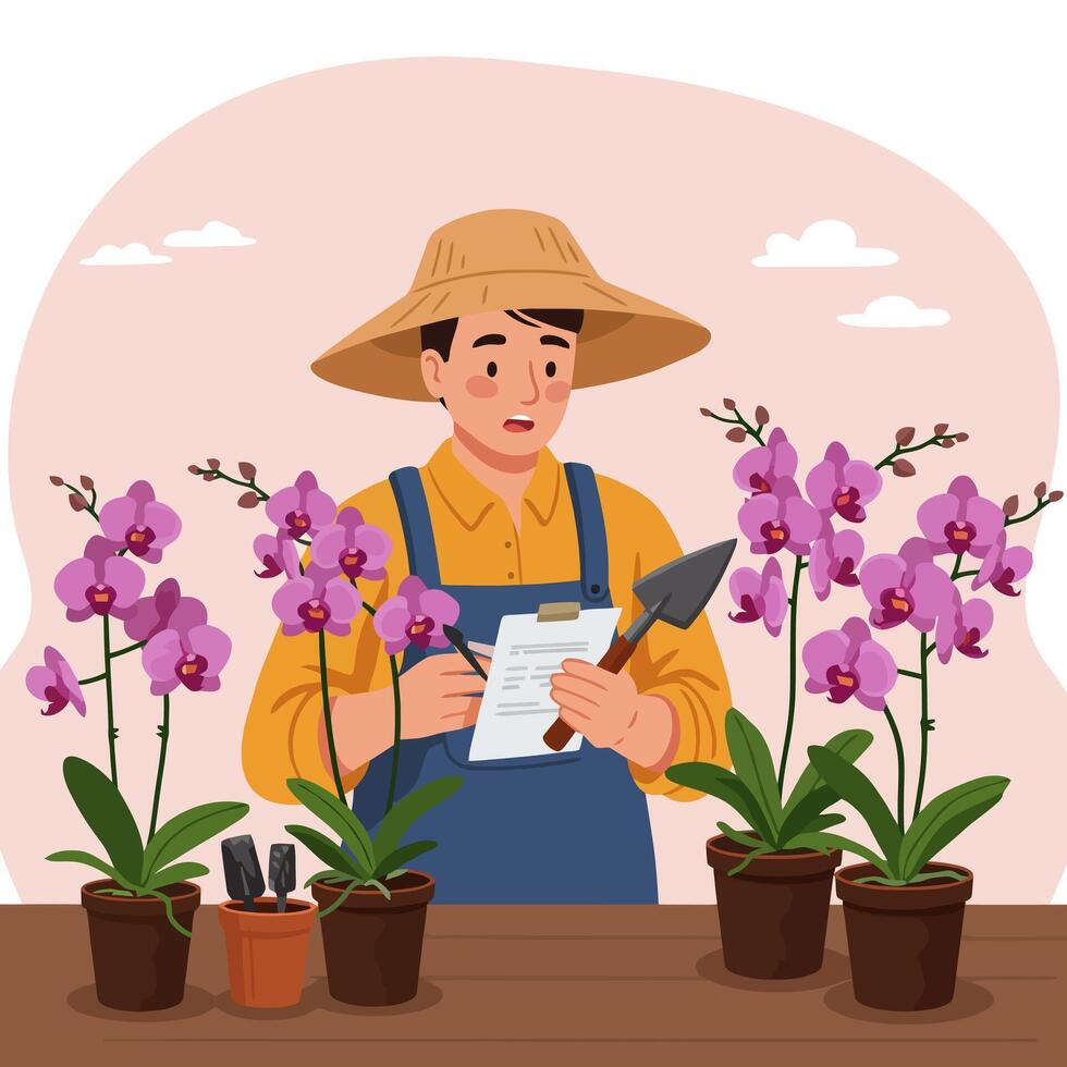 Person Inspecting Orchid Plants and Taking Notes in a Garden Setting vector