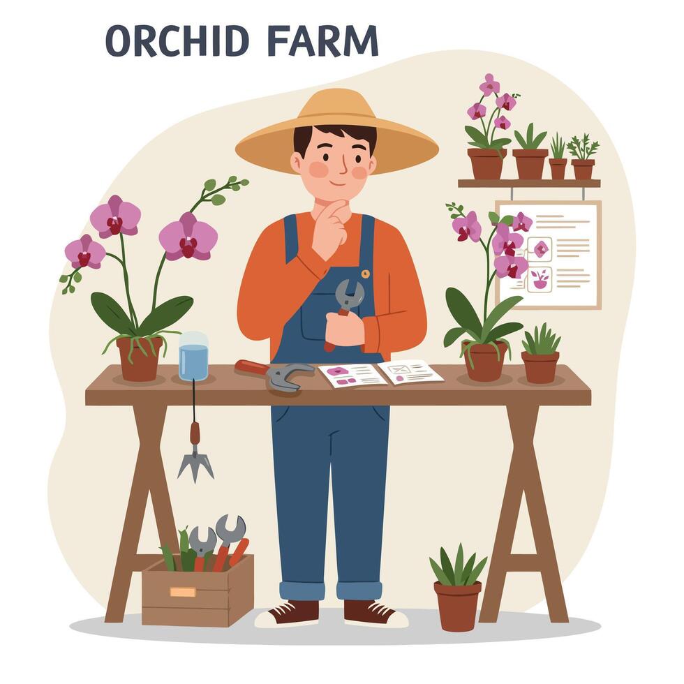 Orchid Farmer Planning with Tools and Flowers in a Garden Setting vector