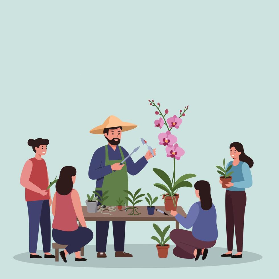 Gardening Workshop People Learning About Plants and Orchid Care vector