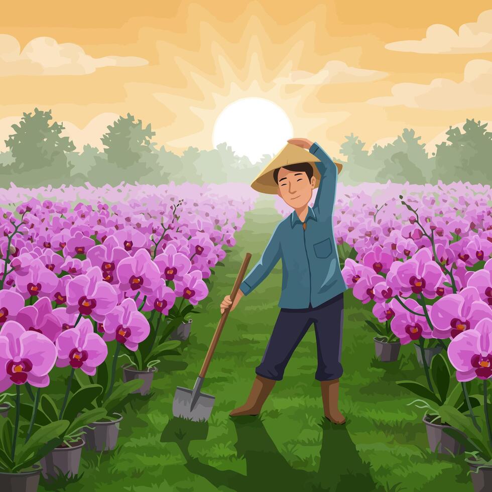 Farmer Working in Orchid Flower Field at Sunrise with Shovel vector