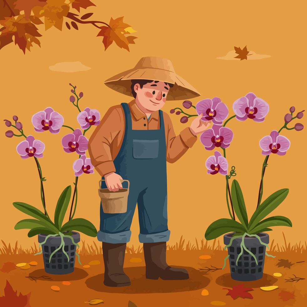 Man Tending Orchid Flowers in an Autumn Garden Illustration vector