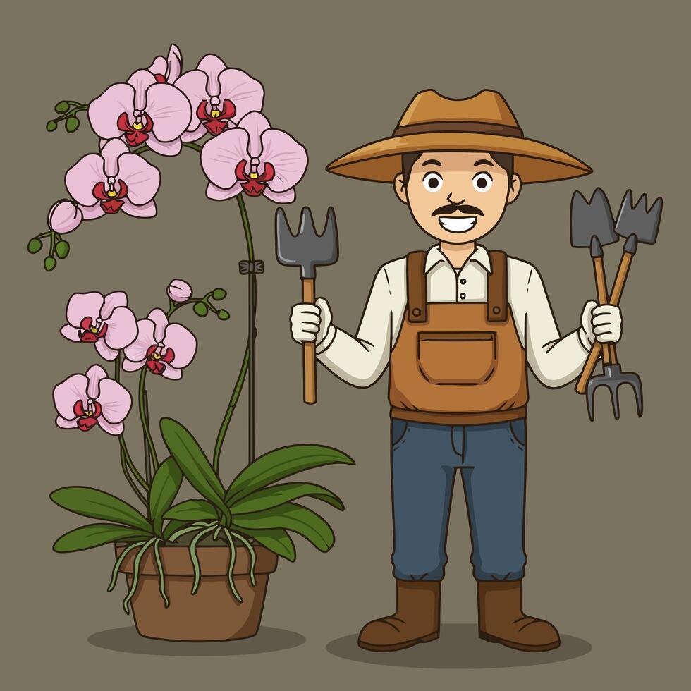Cartoon Gardener with Orchid and Gardening Tools Ready for Work vector