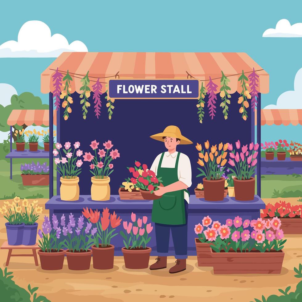 Man Tending Flowers at Outdoor Stall in a Garden Setting vector