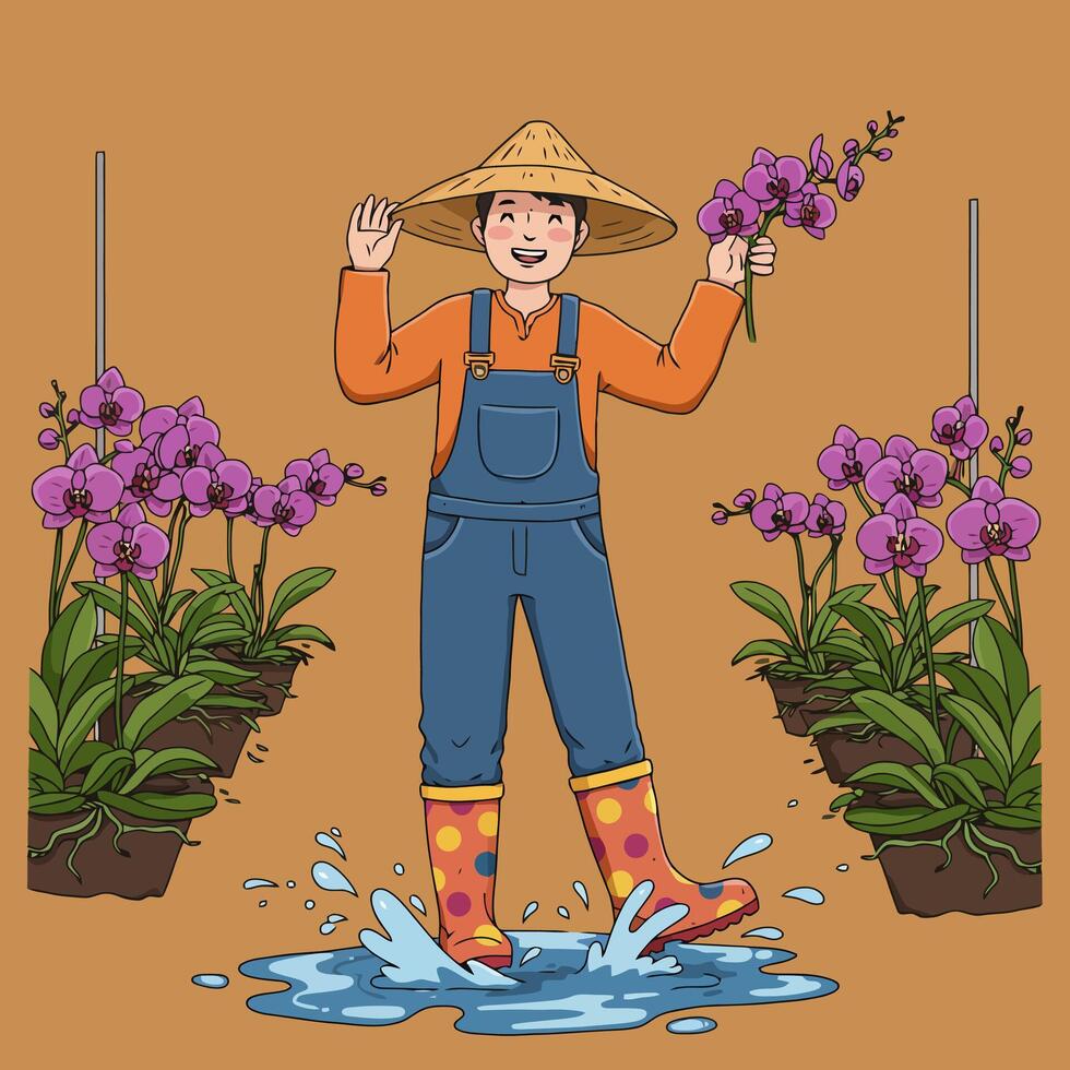 Smiling Gardener Holding Orchids and Stepping in Puddle in Greenhouse vector