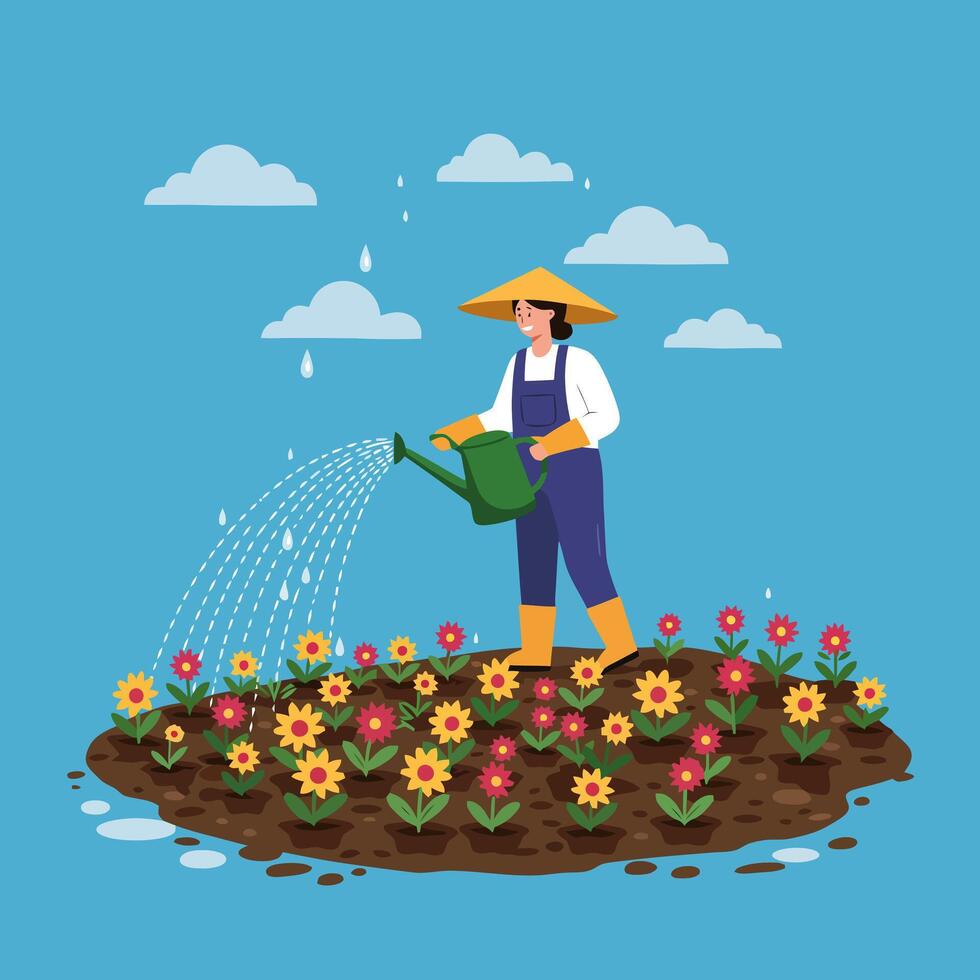 Woman Watering Flowers in Garden with Rain Clouds and Blue Sky vector