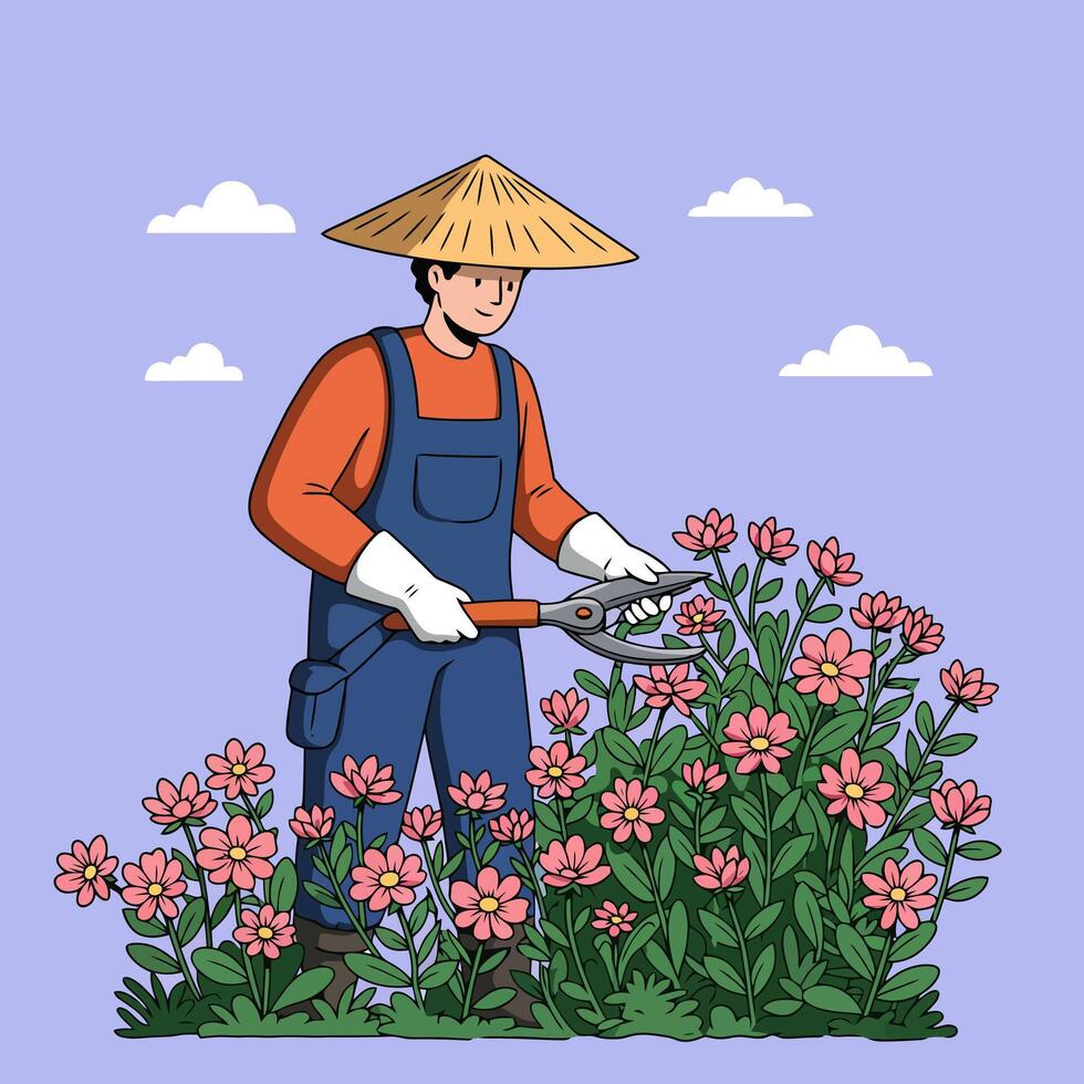 Gardener Trimming Flowers with Shears in Garden Under Cloudy Sky vector