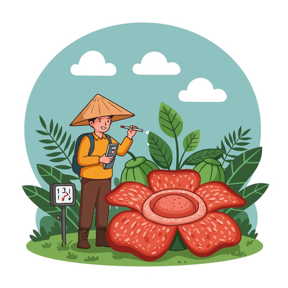 Studying Rafflesia Flower Scientist in Nature with Hat and Notepad vector