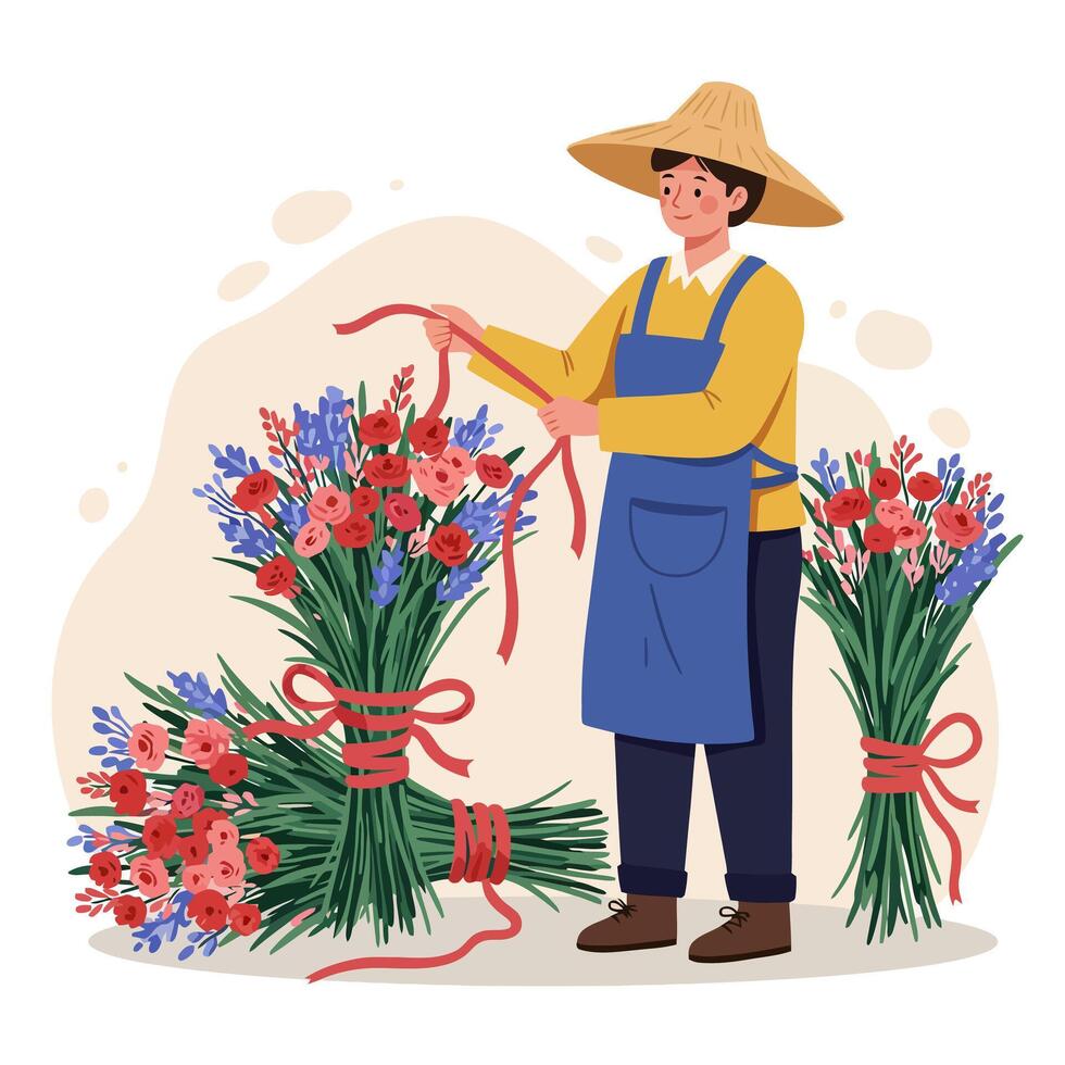 Flower Arranger Preparing Bouquets with Ribbons in a Cheerful Illustration vector