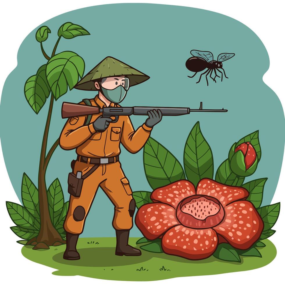 Person Aiming Rifle Near Flower and Fly in Nature Cartoon vector