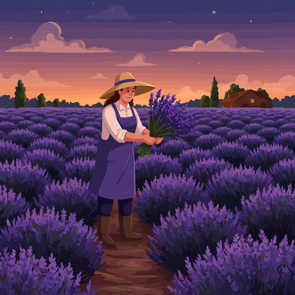 Woman Holding Lavender Bouquet in Field During Sunset Cartoon Style vector