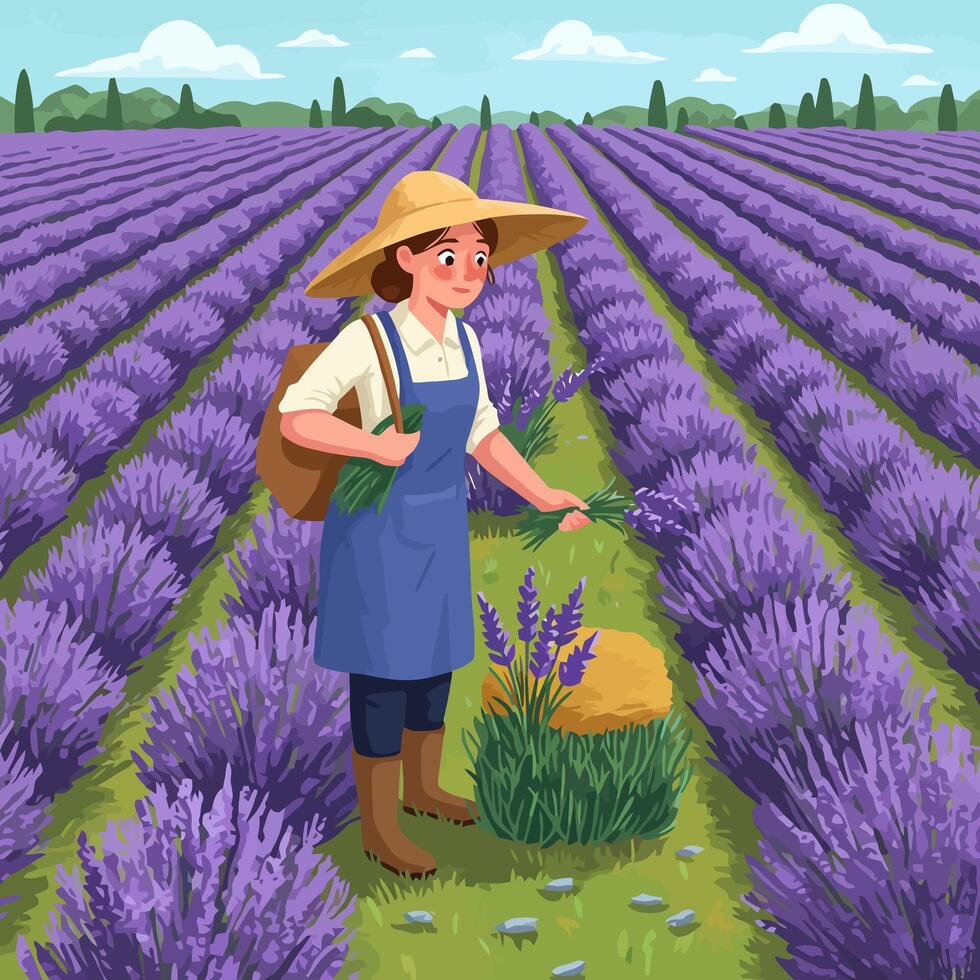 Woman Harvesting Lavender in Field on Sunny Day with Straw Hat vector
