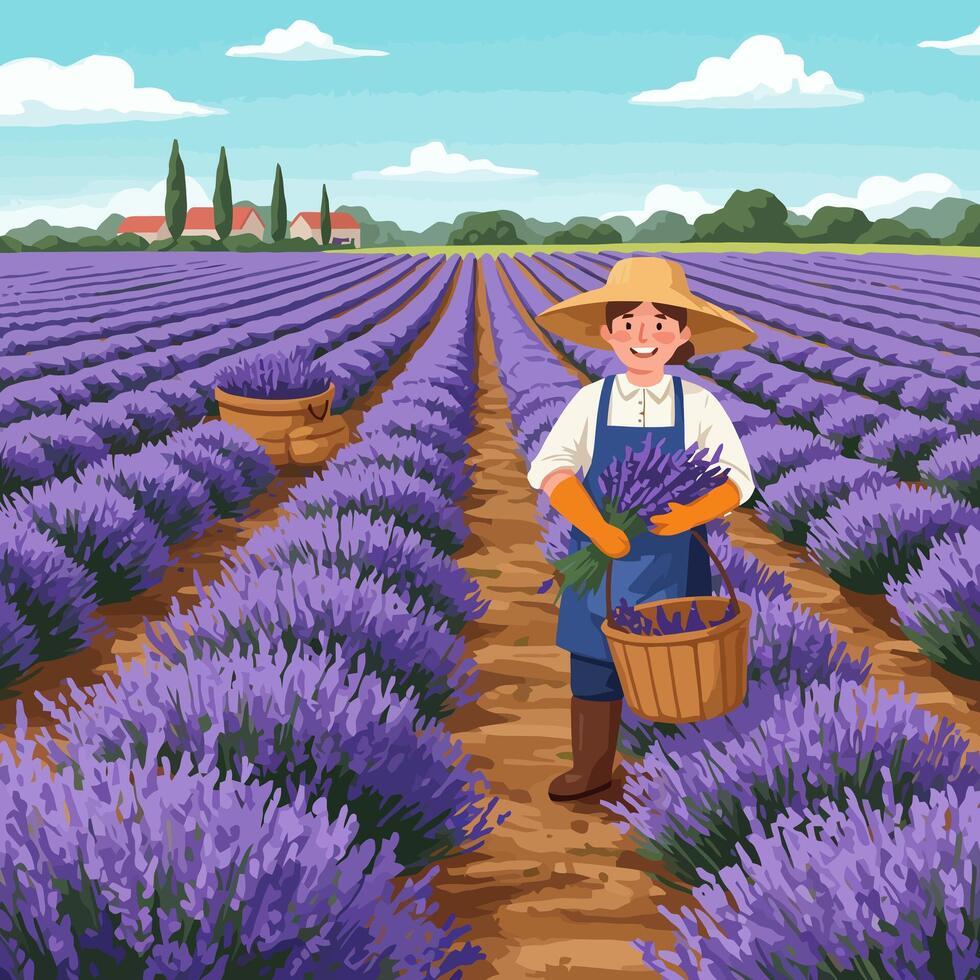 Person Harvesting Lavender Flowers in Field Under Sunny Sky Illustration vector