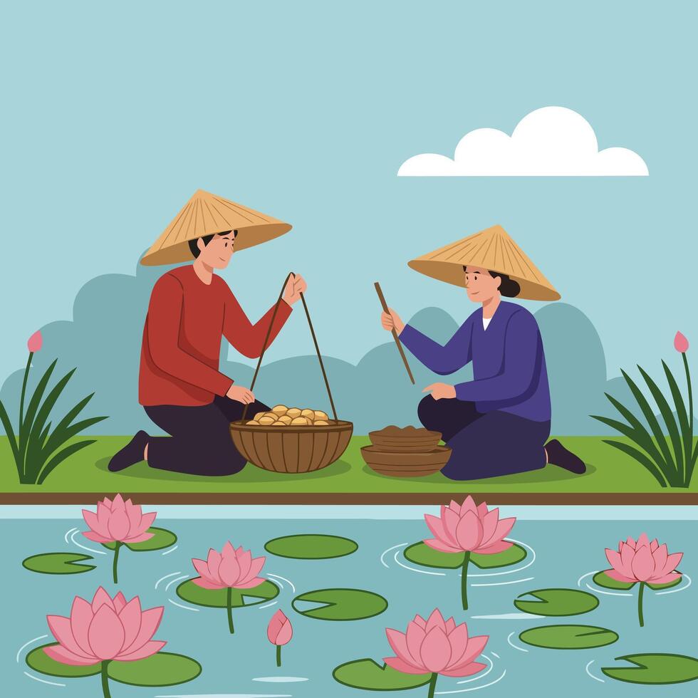 People Preparing Food by Lotus Pond in Traditional Conical Hats vector