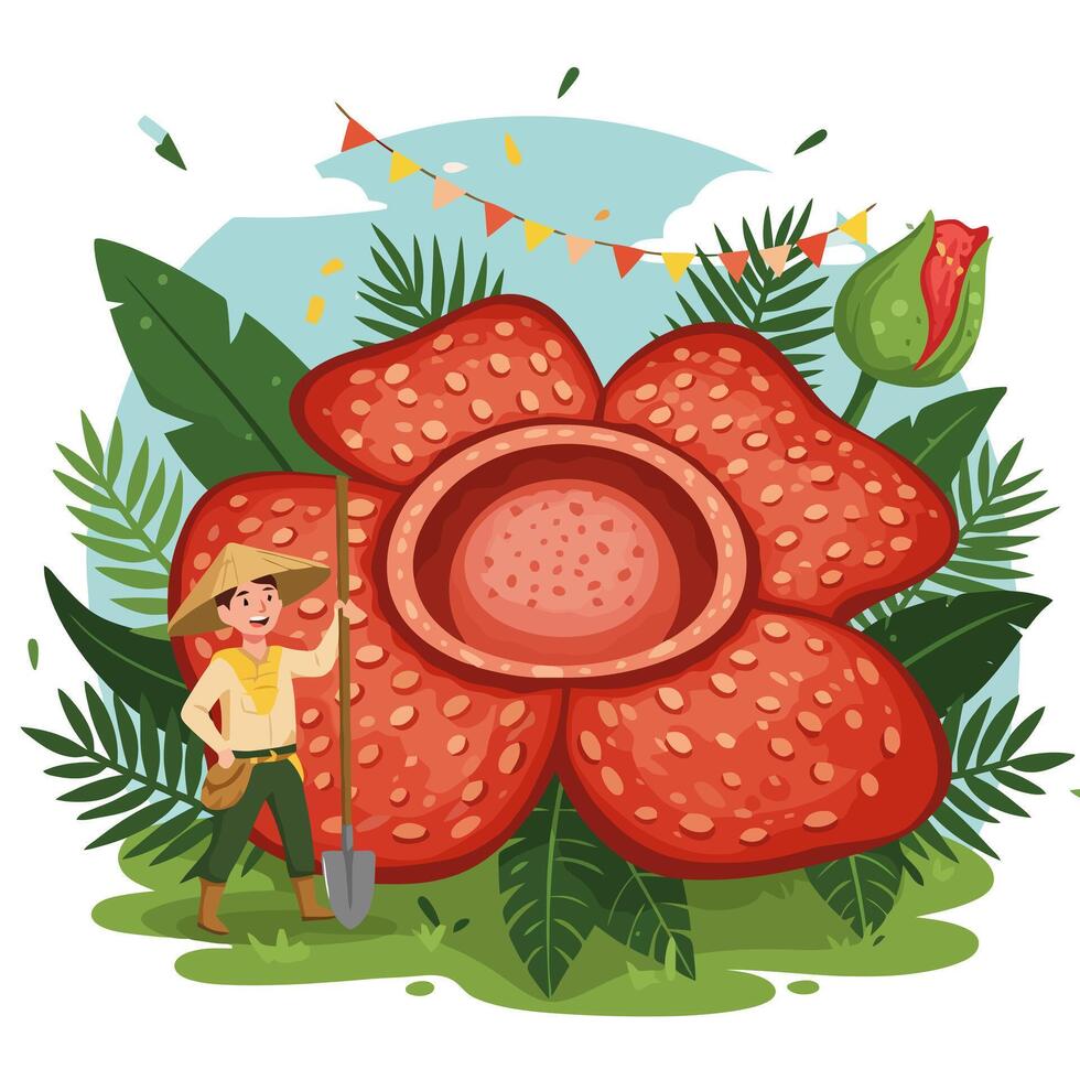Exploring Giant Flower with Gardener in Asian Inspired Tropical Setting vector
