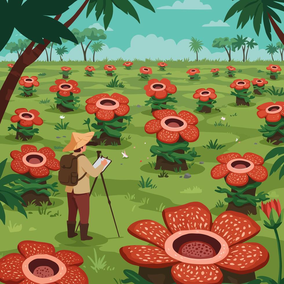 Person Drawing Flower Field with Rafflesia and Tropical Environment vector