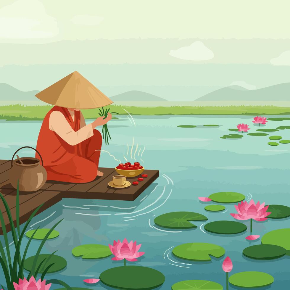 Person Preparing Food on Wooden Dock with Lotus Flowers in Lake vector