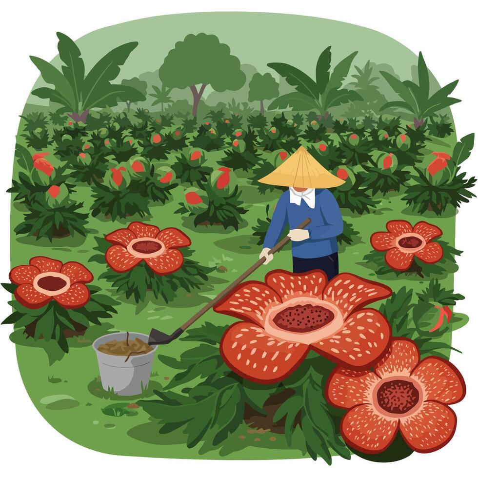 Person Tending Rafflesia Flowers in a Tropical Garden Illustration vector