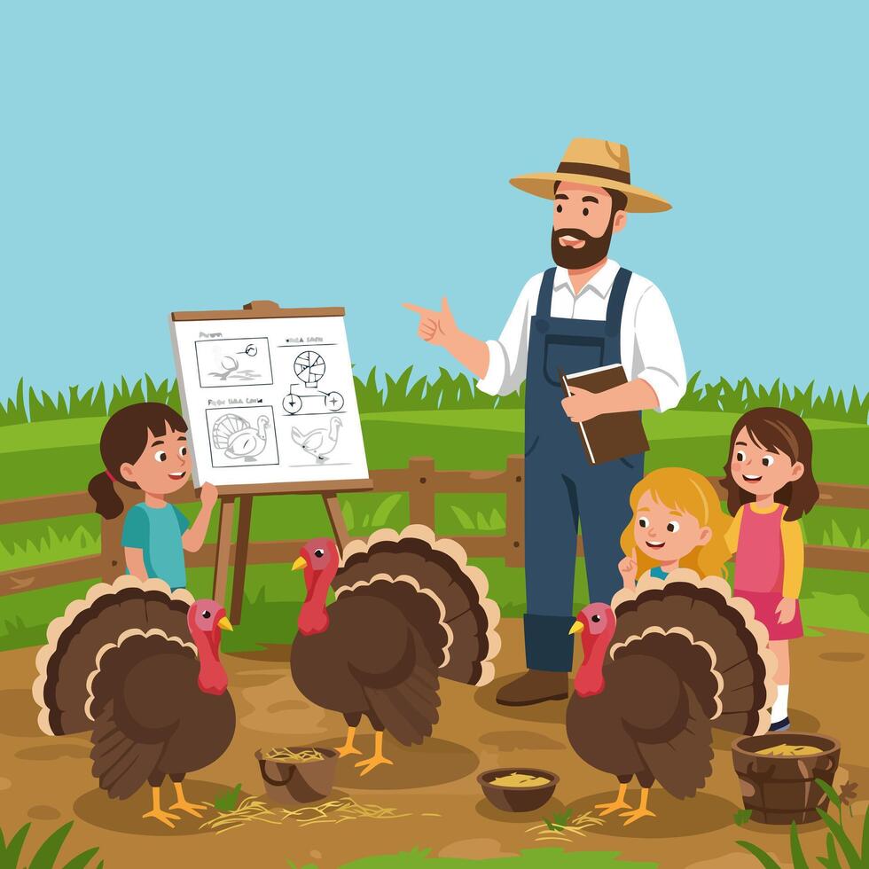 Farmer Explaining Turkey Anatomy to Children Using Drawing Board vector
