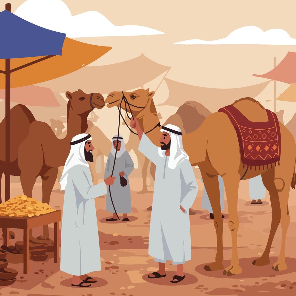 Arabs Trading Camel at Desert Market on Bright Day vector