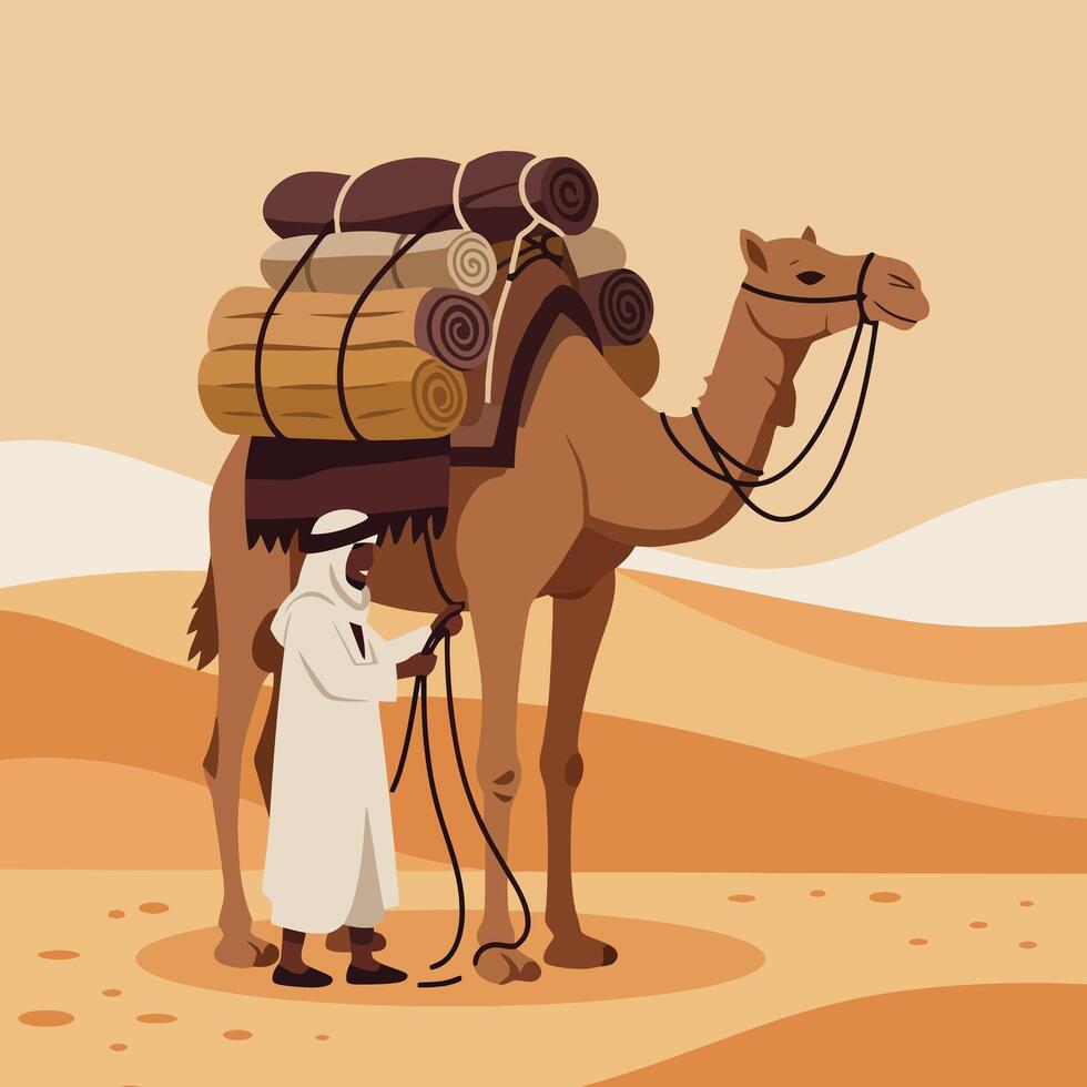 Camel Trekking with Man in Desert Landscape Carrying Rolled Goods vector
