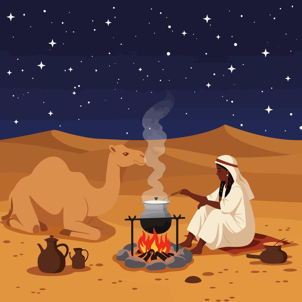 Preparing Meal at Desert Campfire Under Stars with Camel Nearby vector